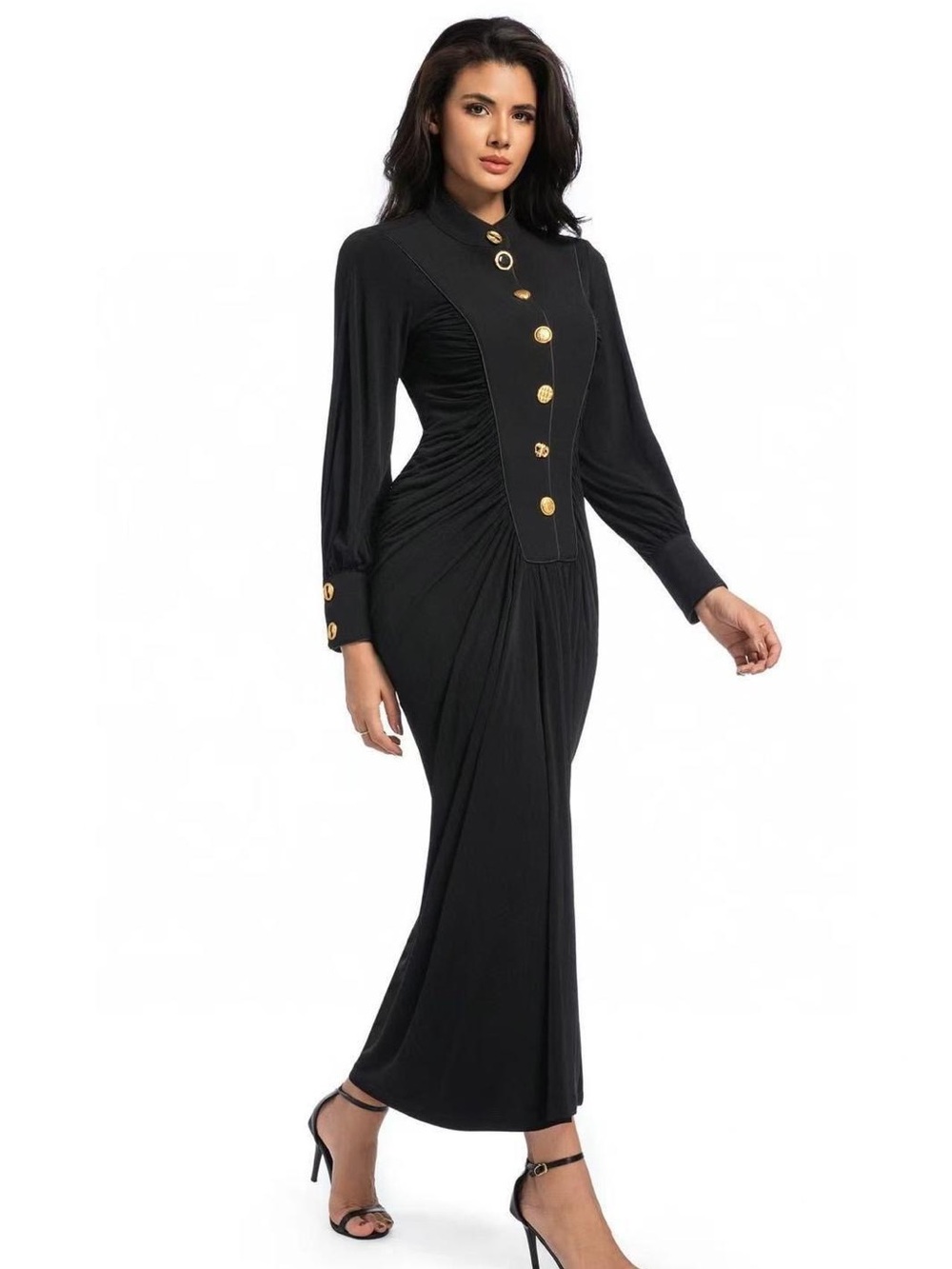 Schiaparelli Black Long-Sleeve Maxi Dress with Gold Button Accents
